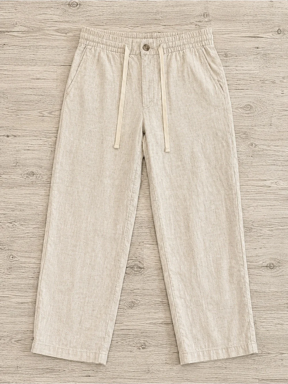 H&M Linen Blend Drawstring Pants XS Beige Oatmeal Pull On Tapered Casual